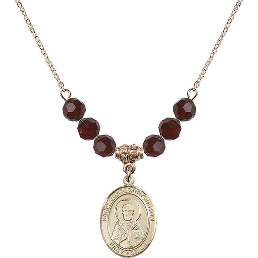 14kt Gold Filled Saint John Chrysostom Birthstone Necklace with Garnet Beads - 8357