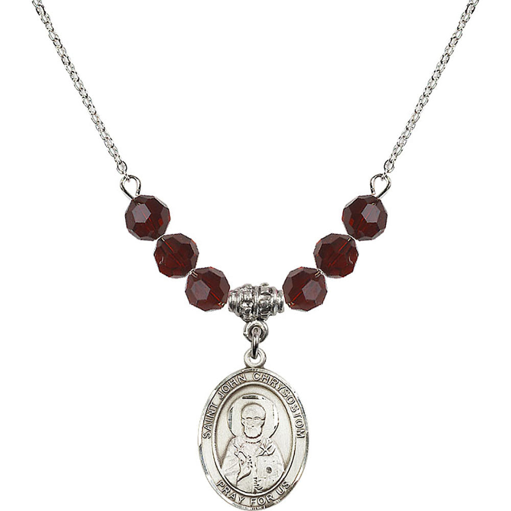 Sterling Silver Saint John Chrysostom Birthstone Necklace with Garnet Beads - 8357