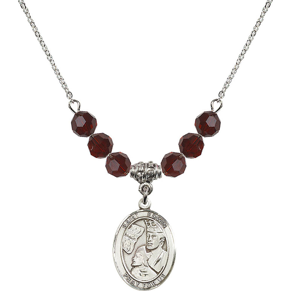 Sterling Silver Saint Edwin Birthstone Necklace with Garnet Beads - 8361