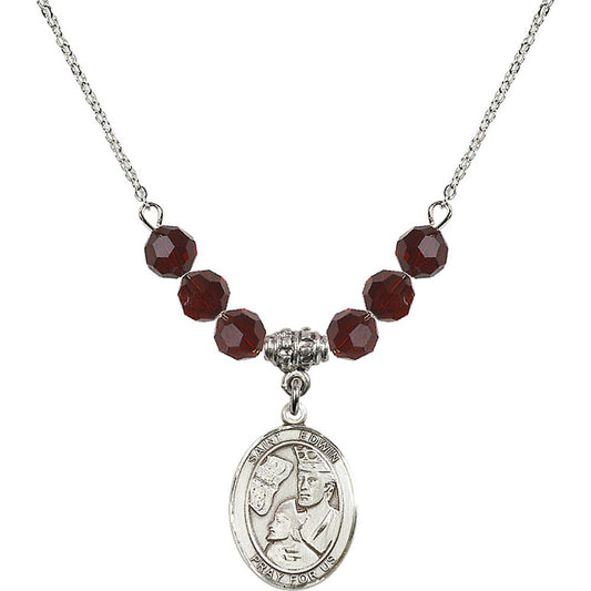 Sterling Silver Saint Edwin Birthstone Necklace with Garnet Beads - 8361