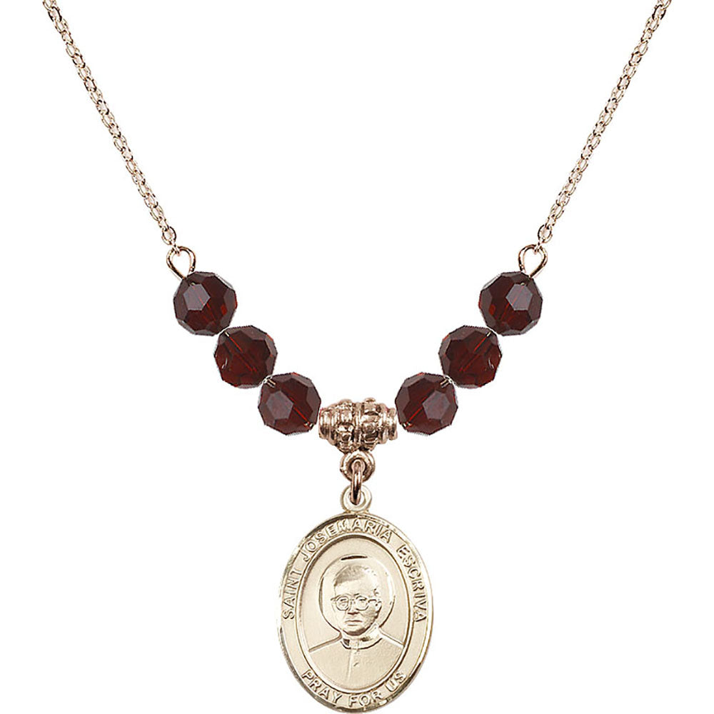 14kt Gold Filled Saint Josemaria Escriva Birthstone Necklace with Garnet Beads - 8362