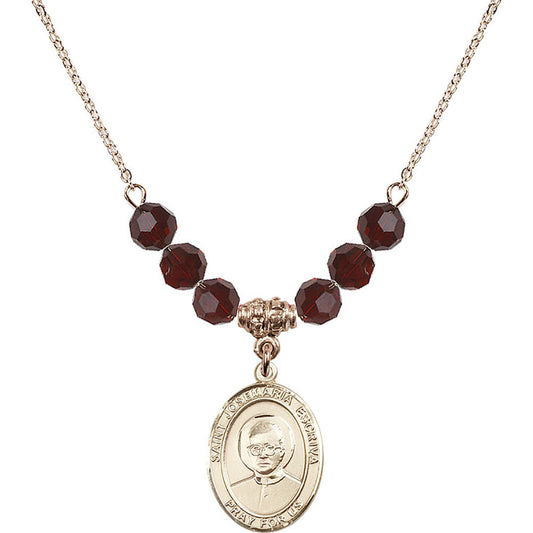 14kt Gold Filled Saint Josemaria Escriva Birthstone Necklace with Garnet Beads - 8362