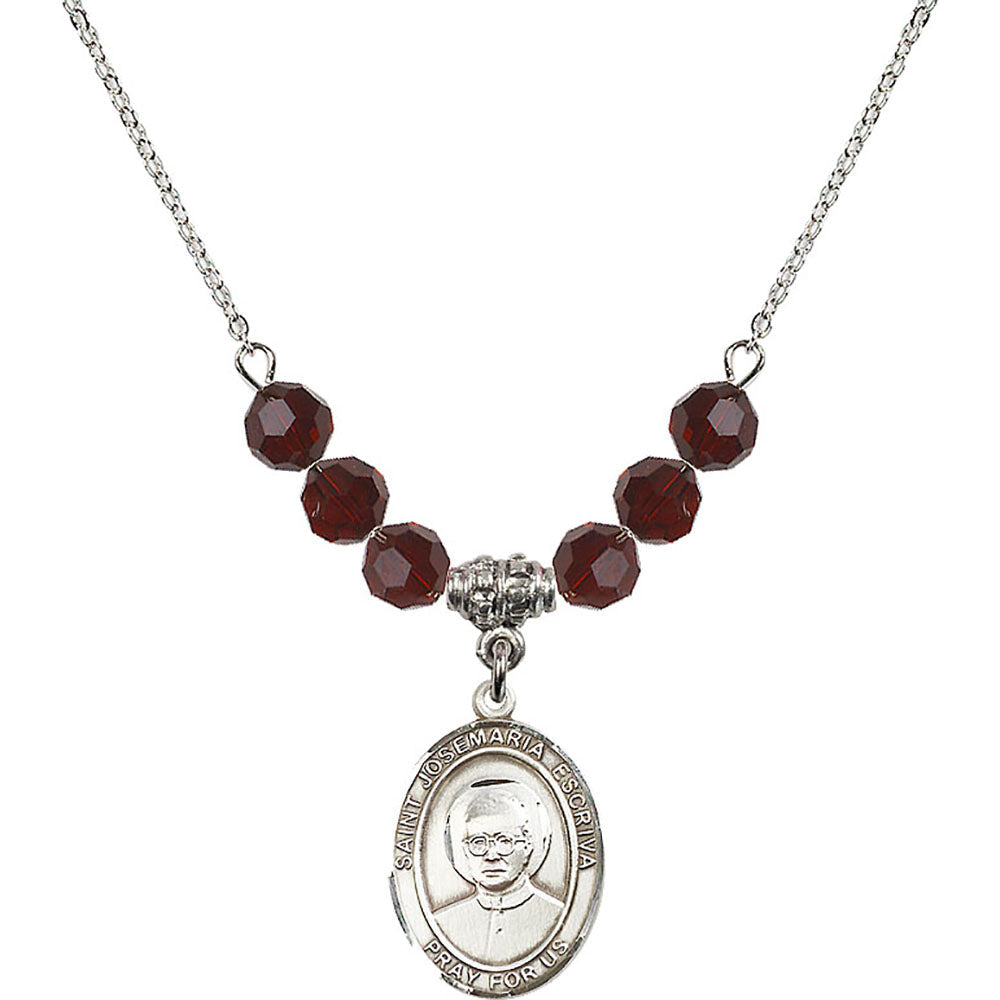 Sterling Silver Saint Josemaria Escriva Birthstone Necklace with Garnet Beads - 8362