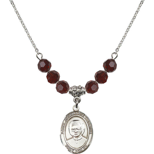 Sterling Silver Saint Josemaria Escriva Birthstone Necklace with Garnet Beads - 8362