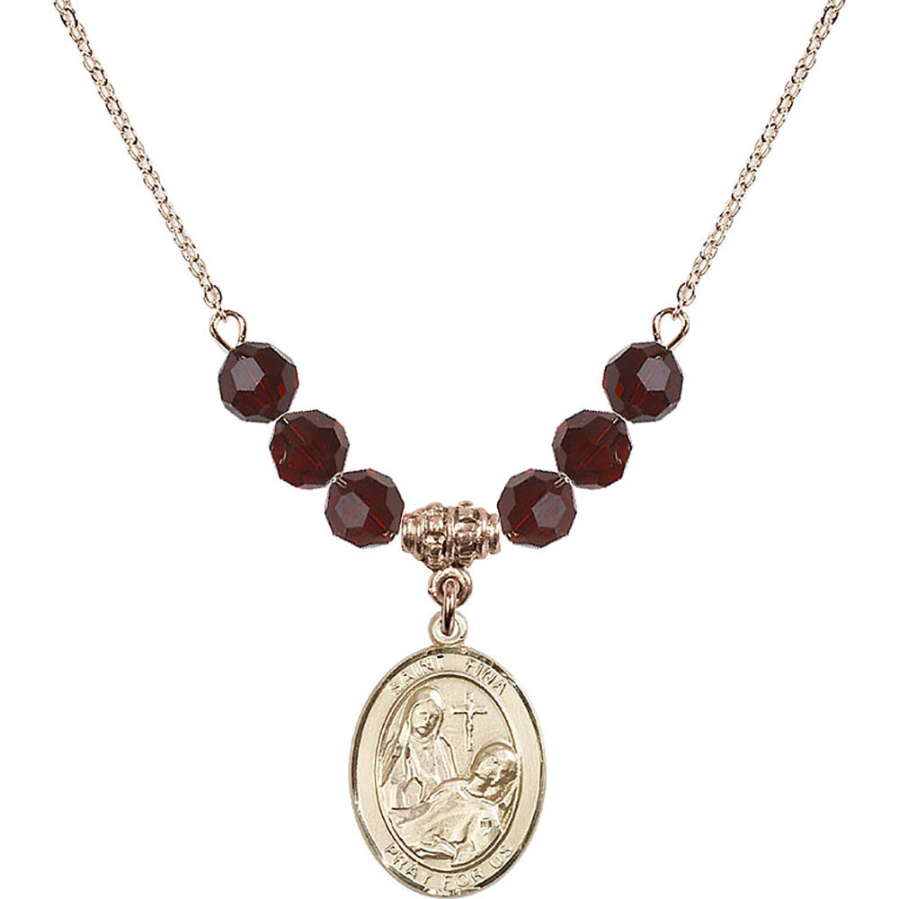 14kt Gold Filled Saint Fina Birthstone Necklace with Garnet Beads - 8364
