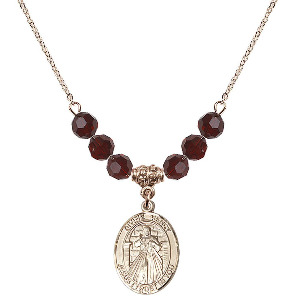 14kt Gold Filled Divine Mercy Birthstone Necklace with Garnet Beads - 8366