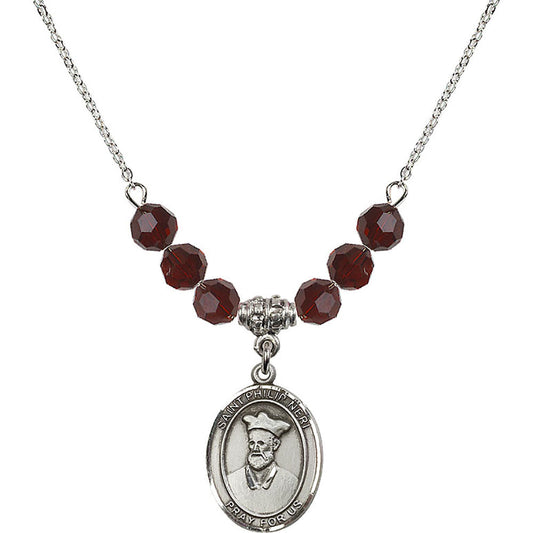 Sterling Silver Saint Philip Neri Birthstone Necklace with Garnet Beads - 8369