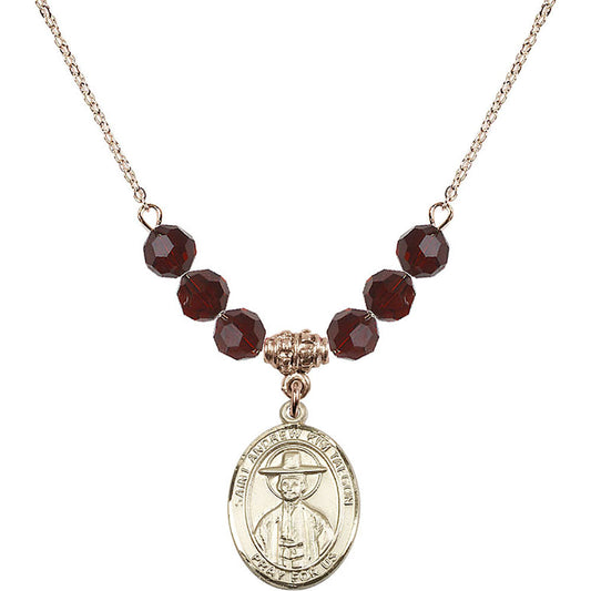 14kt Gold Filled Saint Andrew Kim Taegon Birthstone Necklace with Garnet Beads - 8373