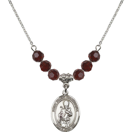 Sterling Silver Saint Simon the Apostle Birthstone Necklace with Garnet Beads - 8375