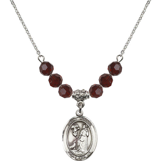 Sterling Silver Saint Rocco Birthstone Necklace with Garnet Beads - 8377