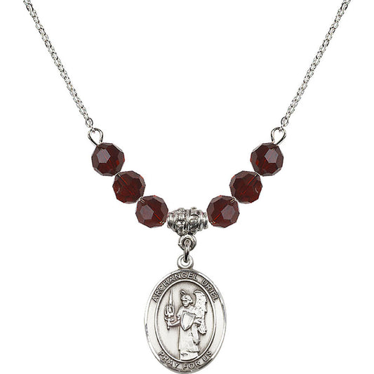 Sterling Silver Saint Uriel the Archangel Birthstone Necklace with Garnet Beads - 8378