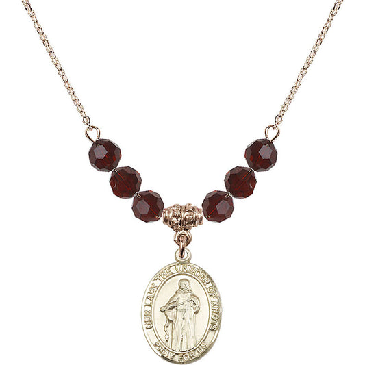 14kt Gold Filled Our Lady the Undoer of Knots Birthstone Necklace with Garnet Beads - 8383