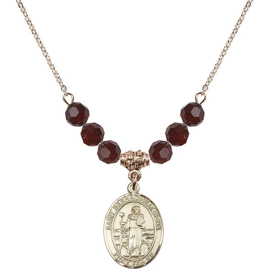14kt Gold Filled Saint Bernadine of Sienna Birthstone Necklace with Garnet Beads - 8387