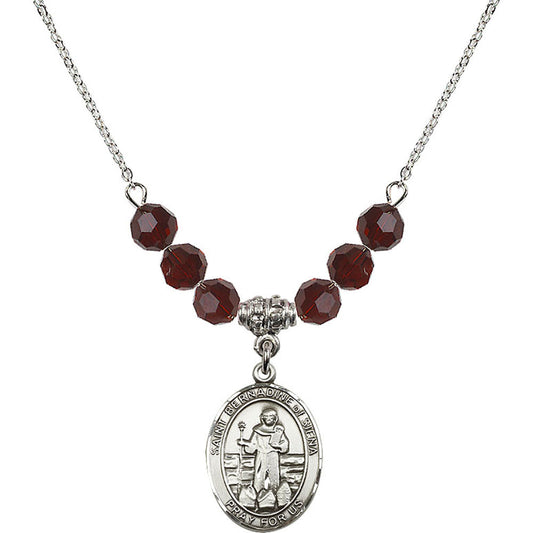 Sterling Silver Saint Bernadine of Sienna Birthstone Necklace with Garnet Beads - 8387