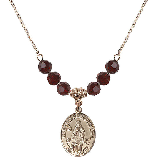 14kt Gold Filled Our Lady of Assumption Birthstone Necklace with Garnet Beads - 8388