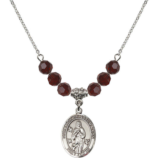 Sterling Silver Our Lady of Assumption Birthstone Necklace with Garnet Beads - 8388