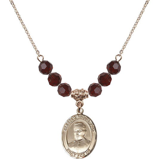 14kt Gold Filled Blessed Miguel Pro Birthstone Necklace with Garnet Beads - 8389