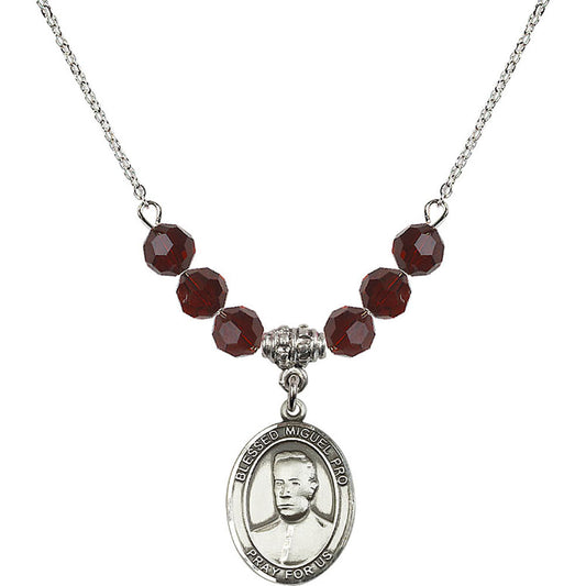 Sterling Silver Blessed Miguel Pro Birthstone Necklace with Garnet Beads - 8389