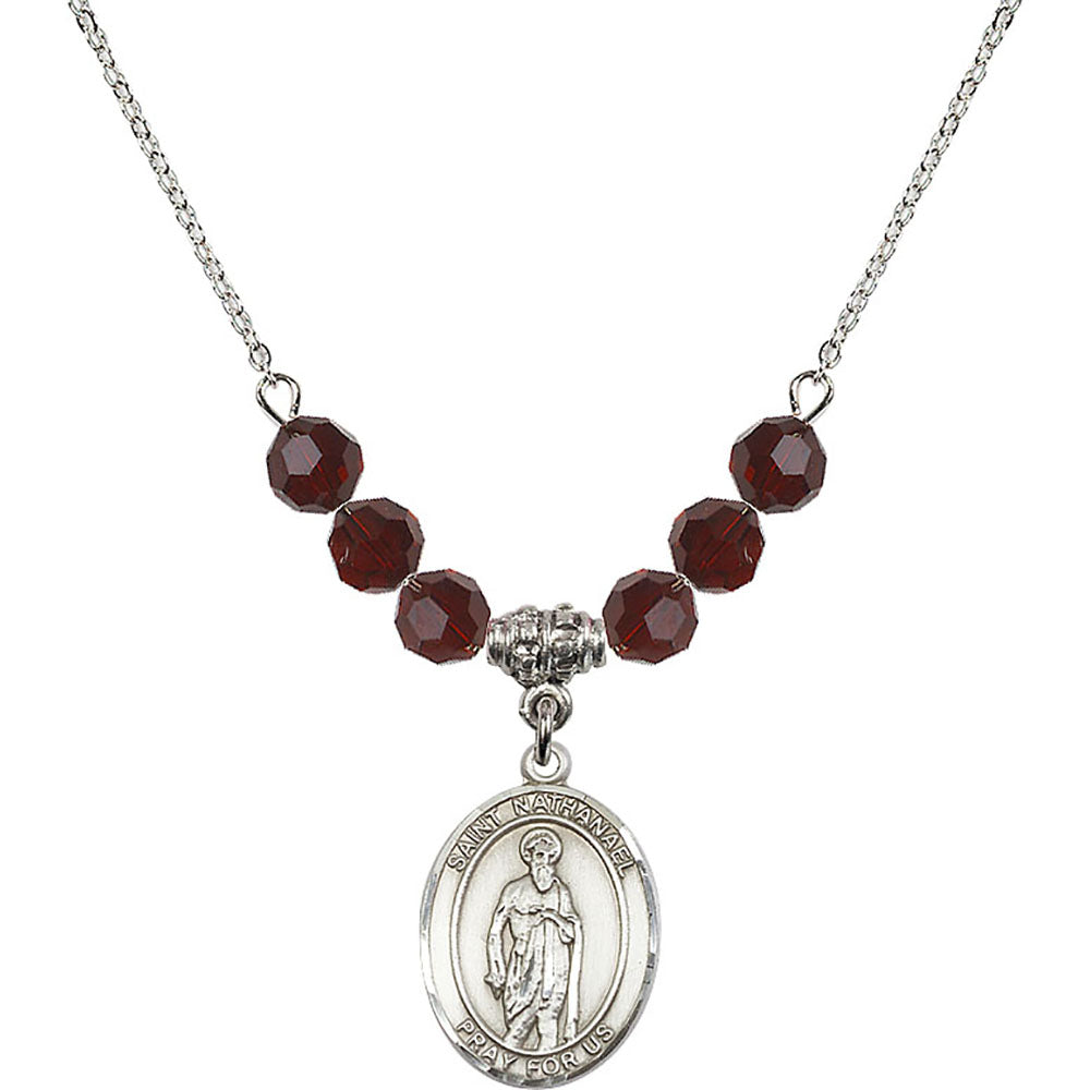 Sterling Silver Saint Nathanael Birthstone Necklace with Garnet Beads - 8398