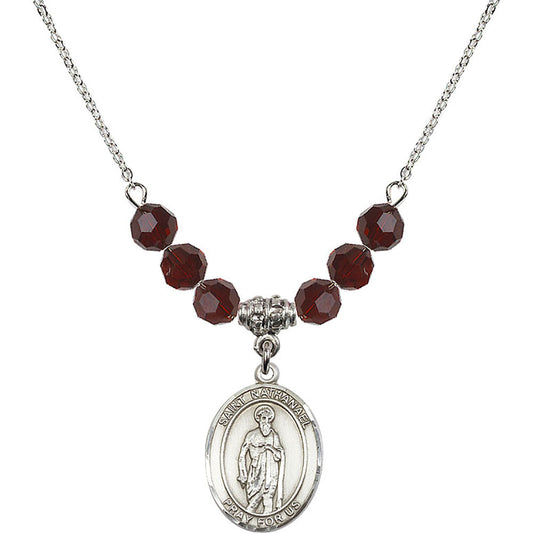 Sterling Silver Saint Nathanael Birthstone Necklace with Garnet Beads - 8398