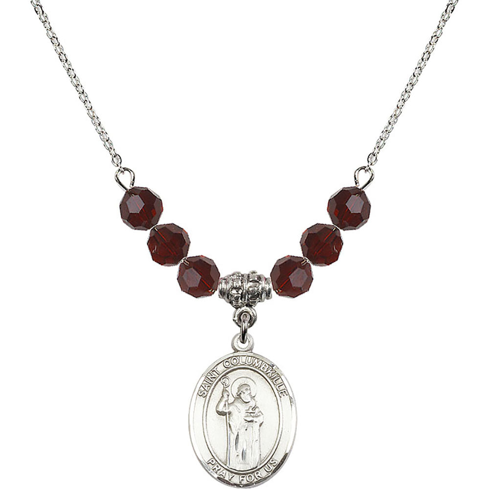Sterling Silver Saint Columbkille Birthstone Necklace with Garnet Beads - 8399