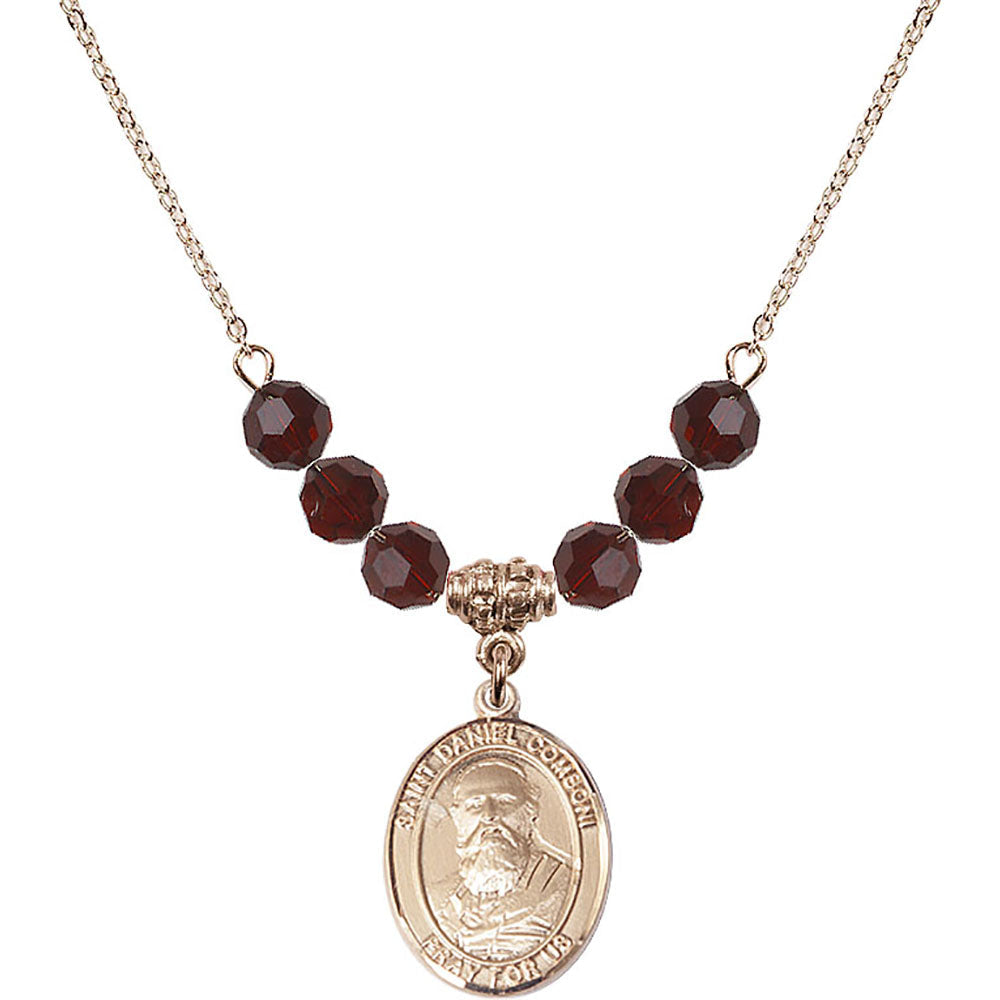 14kt Gold Filled Saint Daniel Comboni Birthstone Necklace with Garnet Beads - 8400