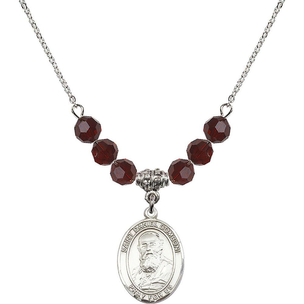 Sterling Silver Saint Daniel Comboni Birthstone Necklace with Garnet Beads - 8400