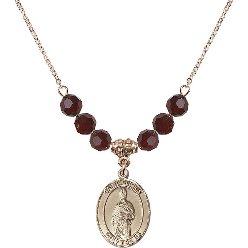 14kt Gold Filled Saint Eligius Birthstone Necklace with Garnet Beads - 8402
