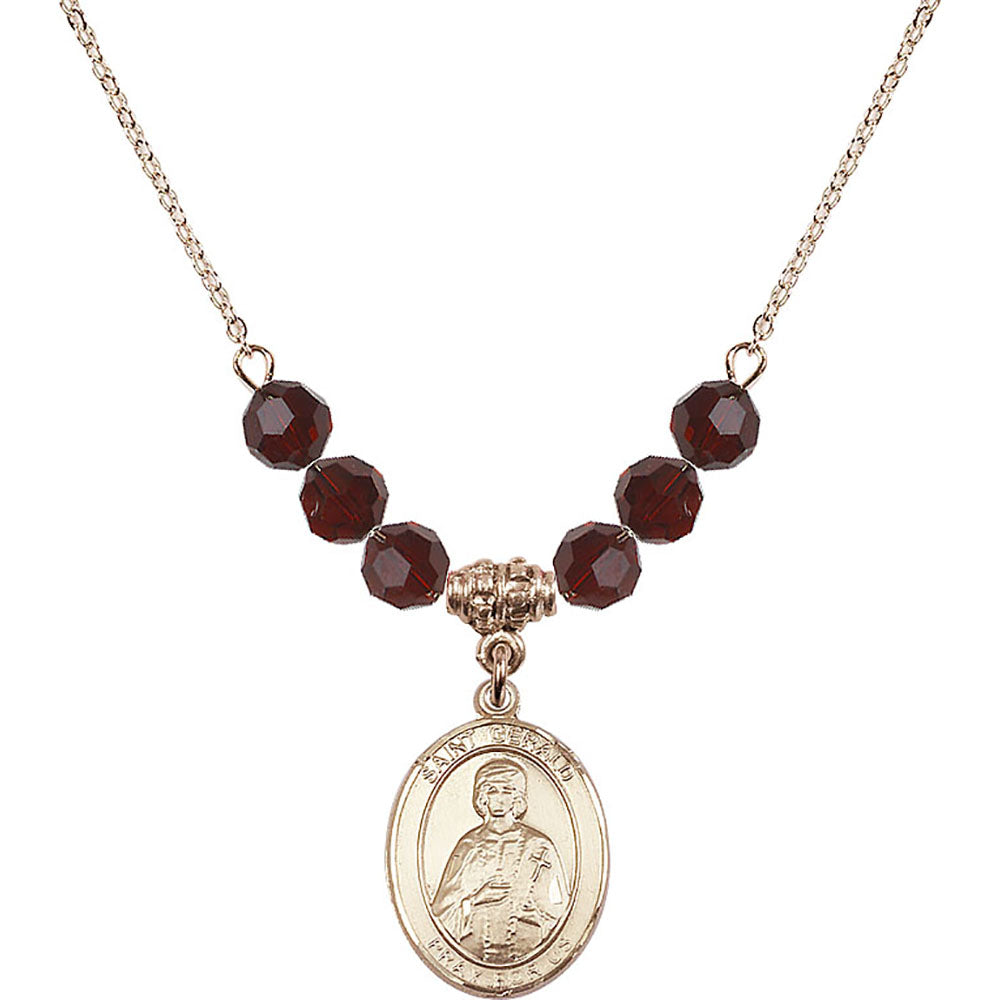 14kt Gold Filled Saint Gerald Birthstone Necklace with Garnet Beads - 8404