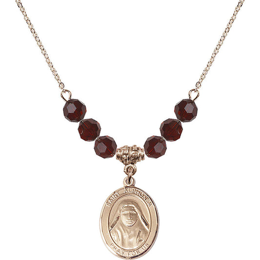14kt Gold Filled Saint Alphonsa of India Birthstone Necklace with Garnet Beads - 8406