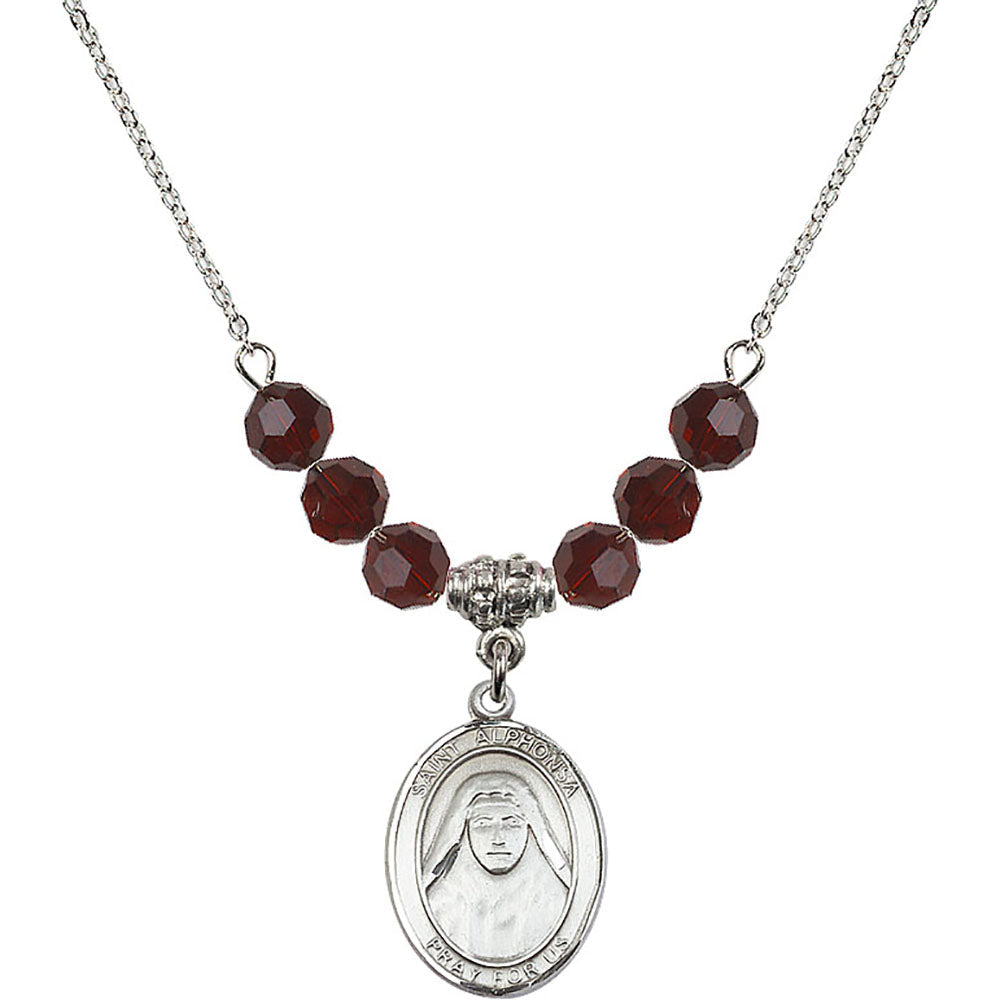 Sterling Silver Saint Alphonsa of India Birthstone Necklace with Garnet Beads - 8406