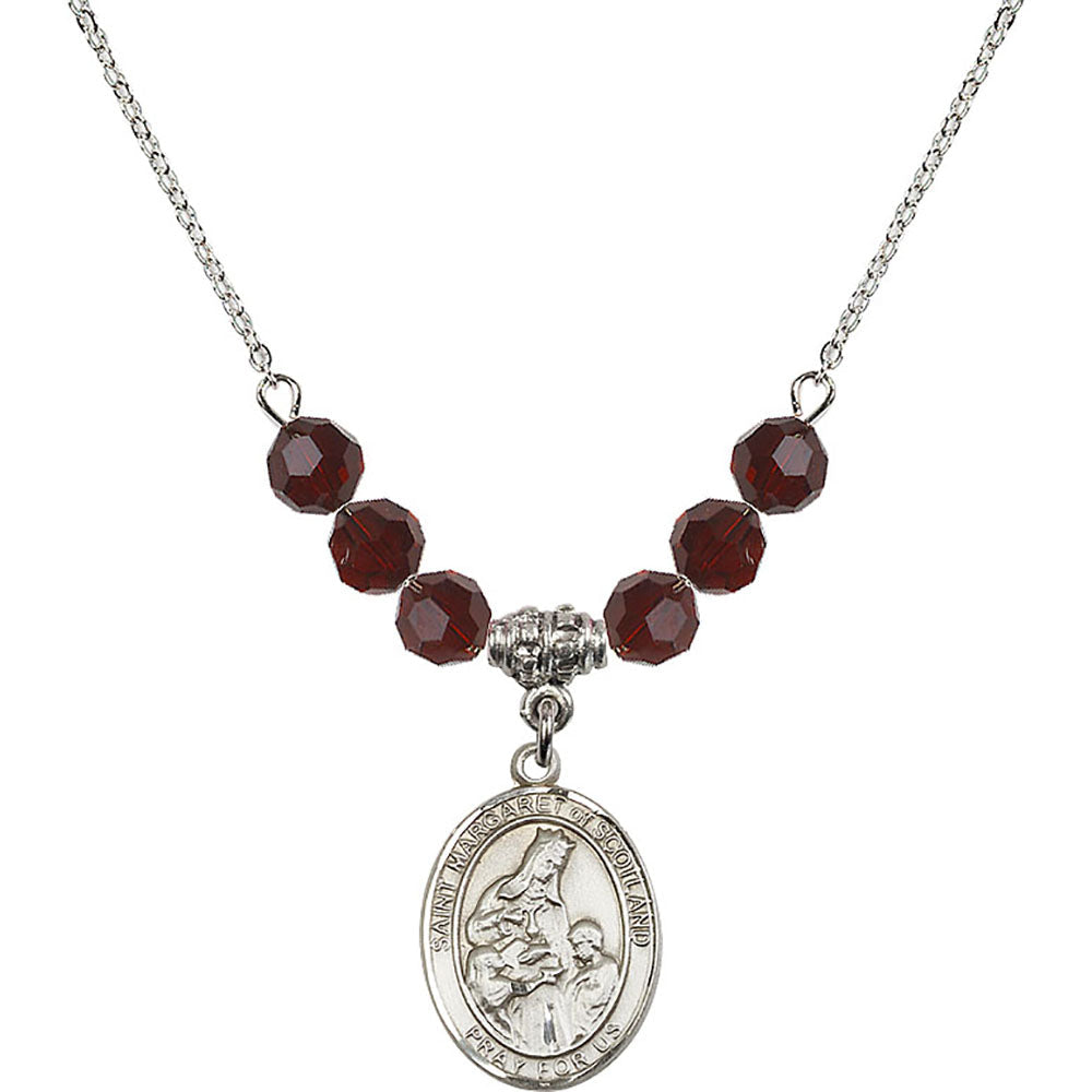 Sterling Silver Saint Margaret of Scotland Birthstone Necklace with Garnet Beads - 8407