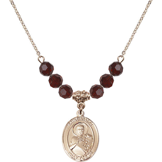 14kt Gold Filled Saint Viator of Bergamo Birthstone Necklace with Garnet Beads - 8408