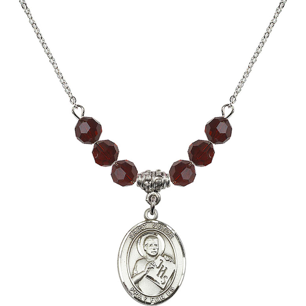 Sterling Silver Saint Viator of Bergamo Birthstone Necklace with Garnet Beads - 8408