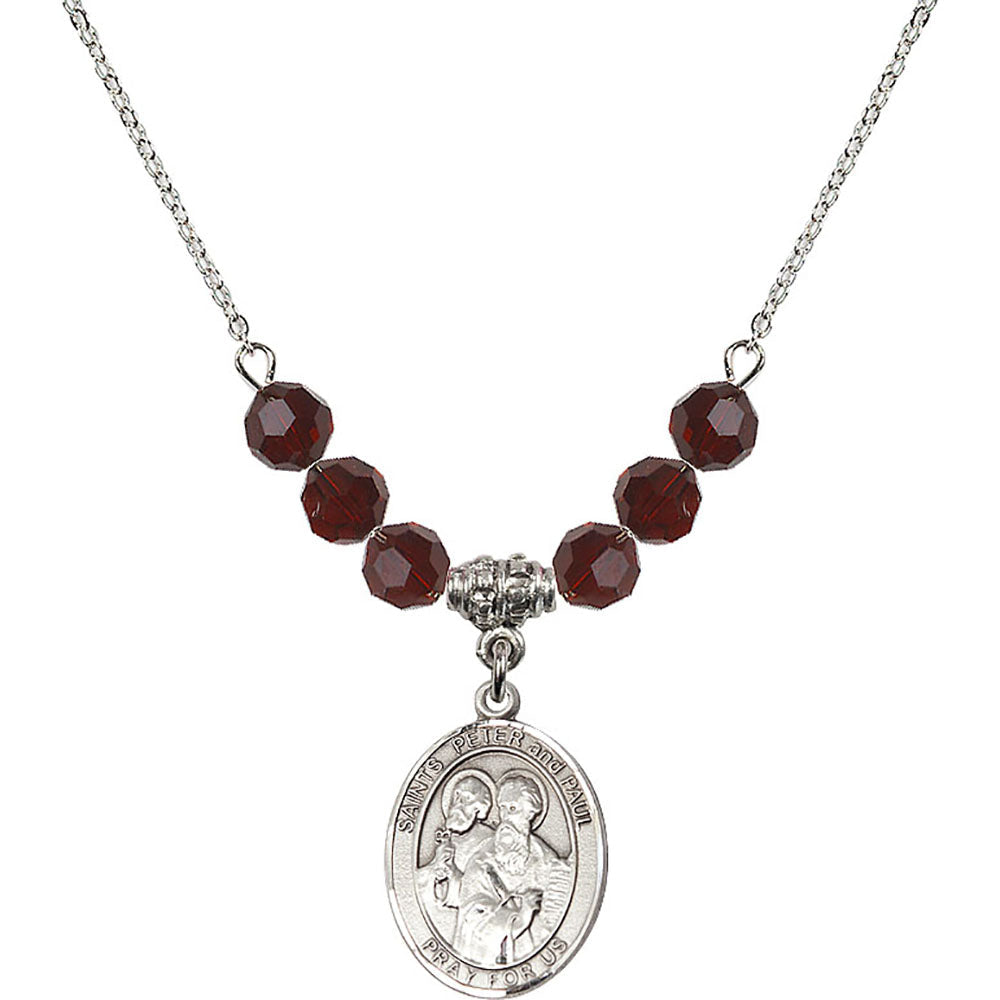 Sterling Silver Saints Peter & Paul Birthstone Necklace with Garnet Beads - 8410