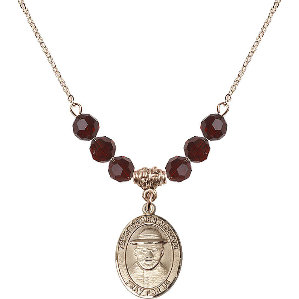 14kt Gold Filled Saint Damien of Molokai Birthstone Necklace with Garnet Beads - 8412