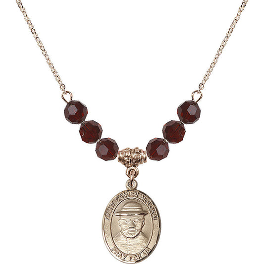 14kt Gold Filled Saint Damien of Molokai Birthstone Necklace with Garnet Beads - 8412