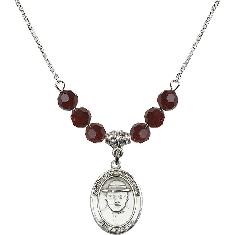 Sterling Silver Saint Damien of Molokai Birthstone Necklace with Garnet Beads - 8412