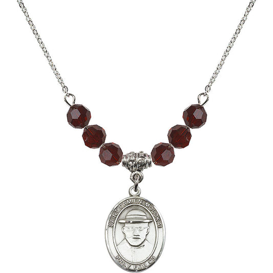 Sterling Silver Saint Damien of Molokai Birthstone Necklace with Garnet Beads - 8412