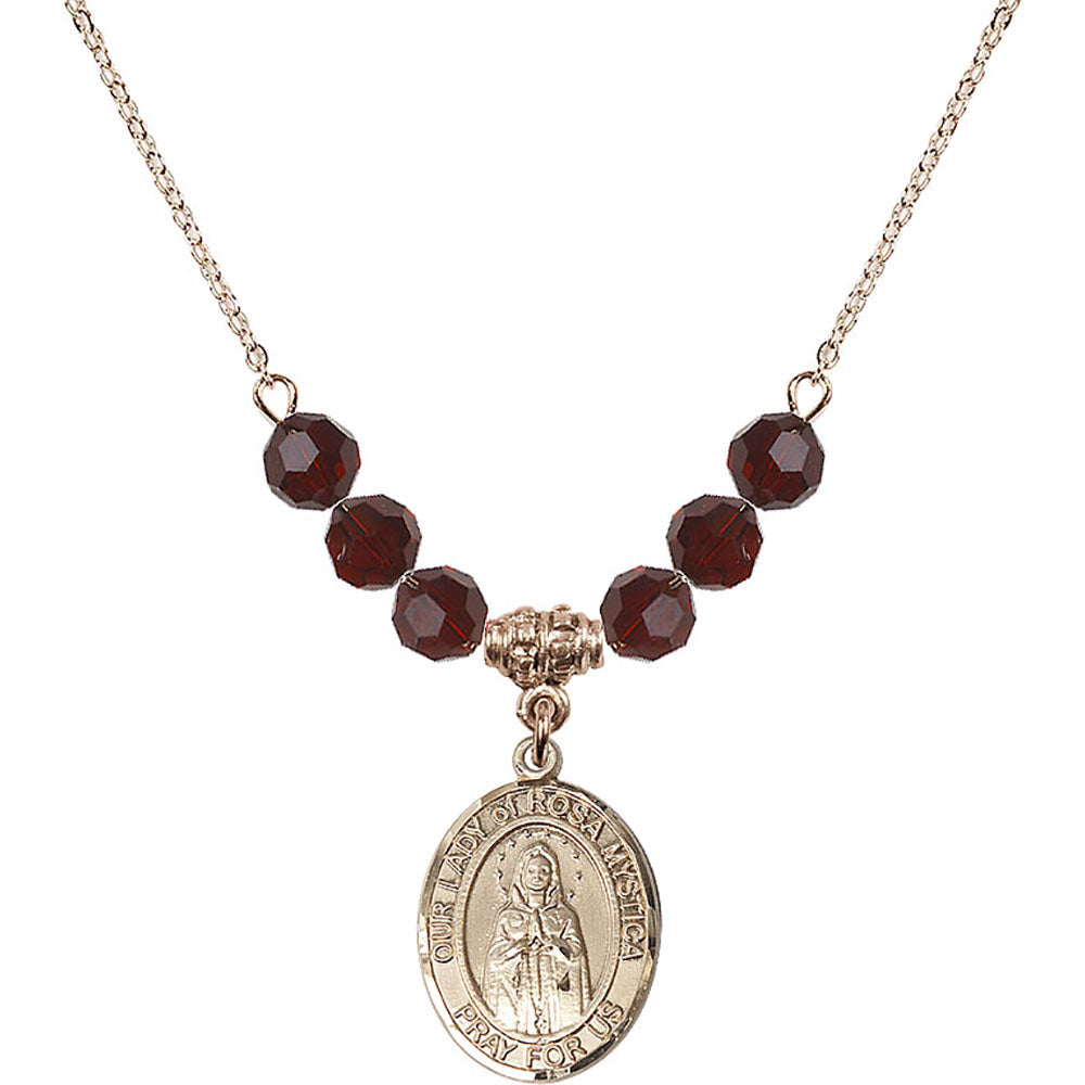 14kt Gold Filled Our Lady of Rosa Mystica Birthstone Necklace with Garnet Beads - 8413