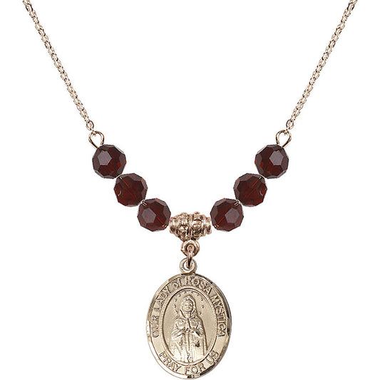 14kt Gold Filled Our Lady of Rosa Mystica Birthstone Necklace with Garnet Beads - 8413