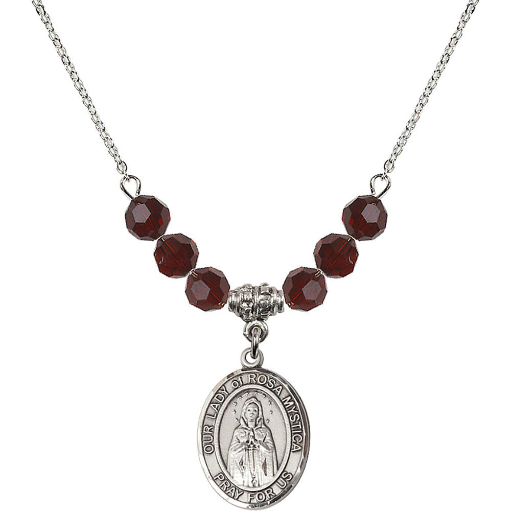 Sterling Silver Our Lady of Rosa Mystica Birthstone Necklace with Garnet Beads - 8413
