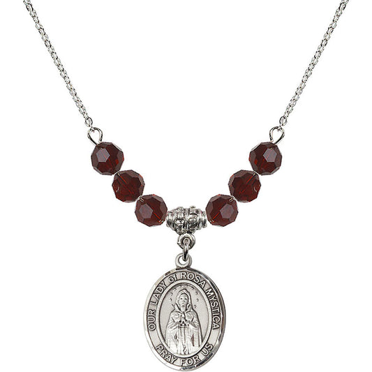 Sterling Silver Our Lady of Rosa Mystica Birthstone Necklace with Garnet Beads - 8413