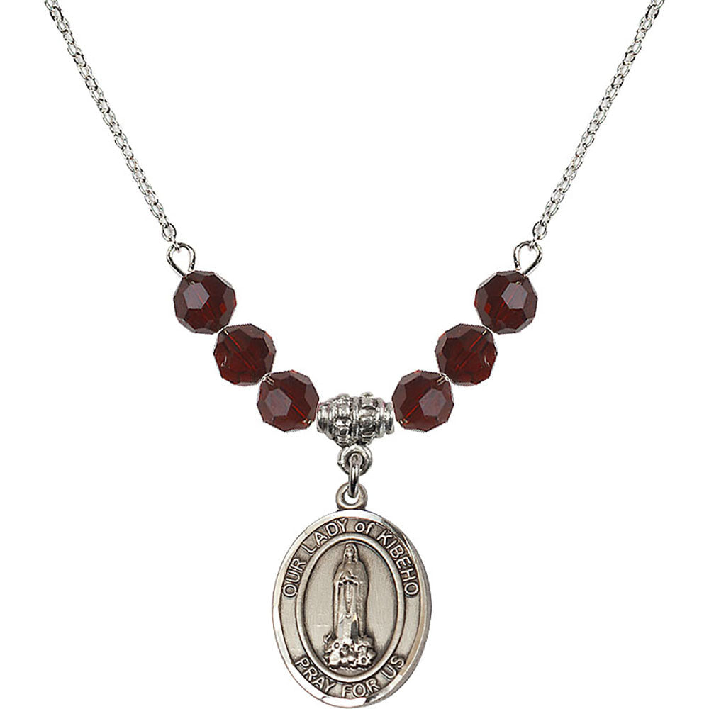 Sterling Silver Our Lady of Kibeho Birthstone Necklace with Garnet Beads - 8414