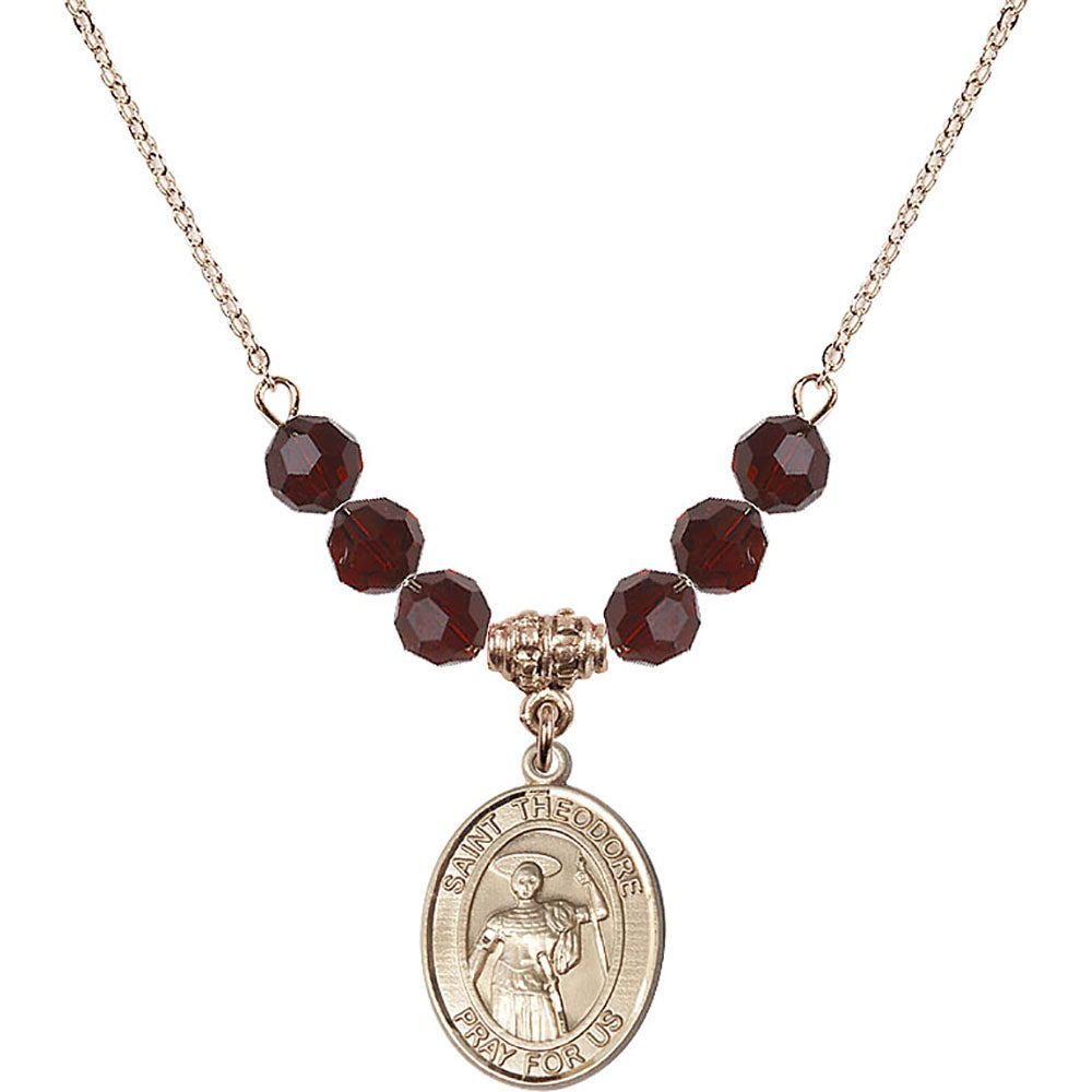14kt Gold Filled Saint Theodore Stratelates Birthstone Necklace with Garnet Beads - 8415