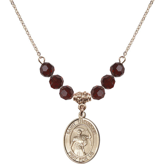 14kt Gold Filled Saint Theodore Stratelates Birthstone Necklace with Garnet Beads - 8415
