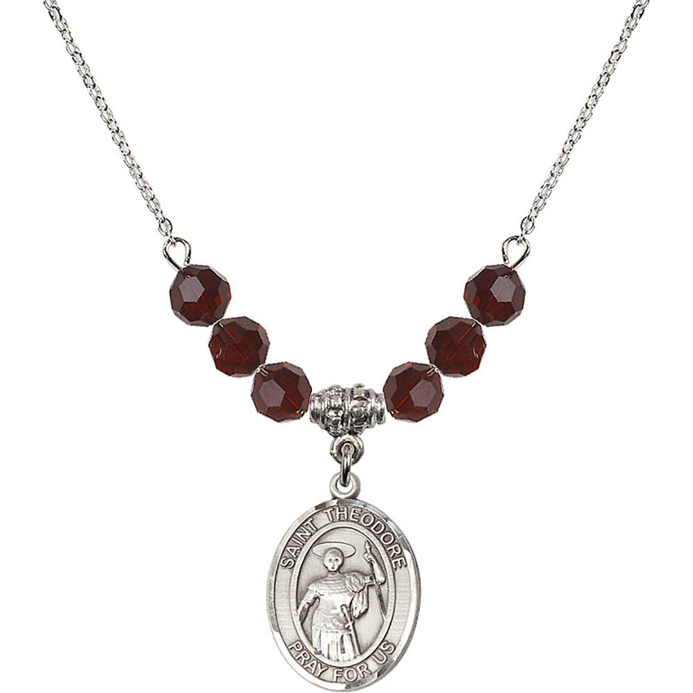 Sterling Silver Saint Theodore Stratelates Birthstone Necklace with Garnet Beads - 8415
