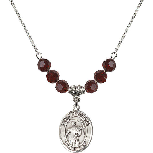 Sterling Silver Saint Theodore Stratelates Birthstone Necklace with Garnet Beads - 8415