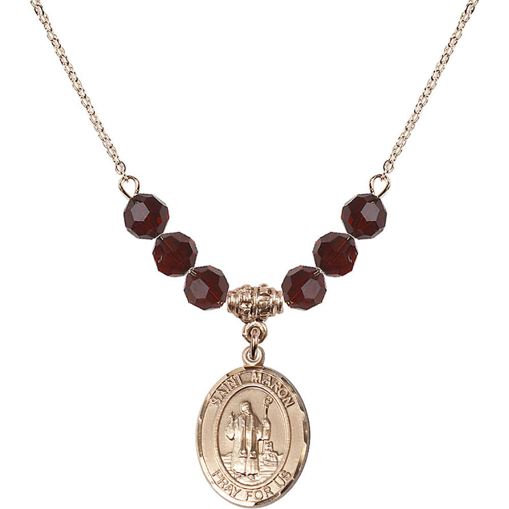 14kt Gold Filled Saint Maron Birthstone Necklace with Garnet Beads - 8417
