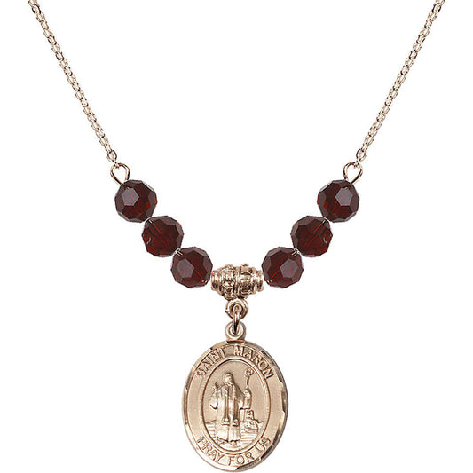 14kt Gold Filled Saint Maron Birthstone Necklace with Garnet Beads - 8417
